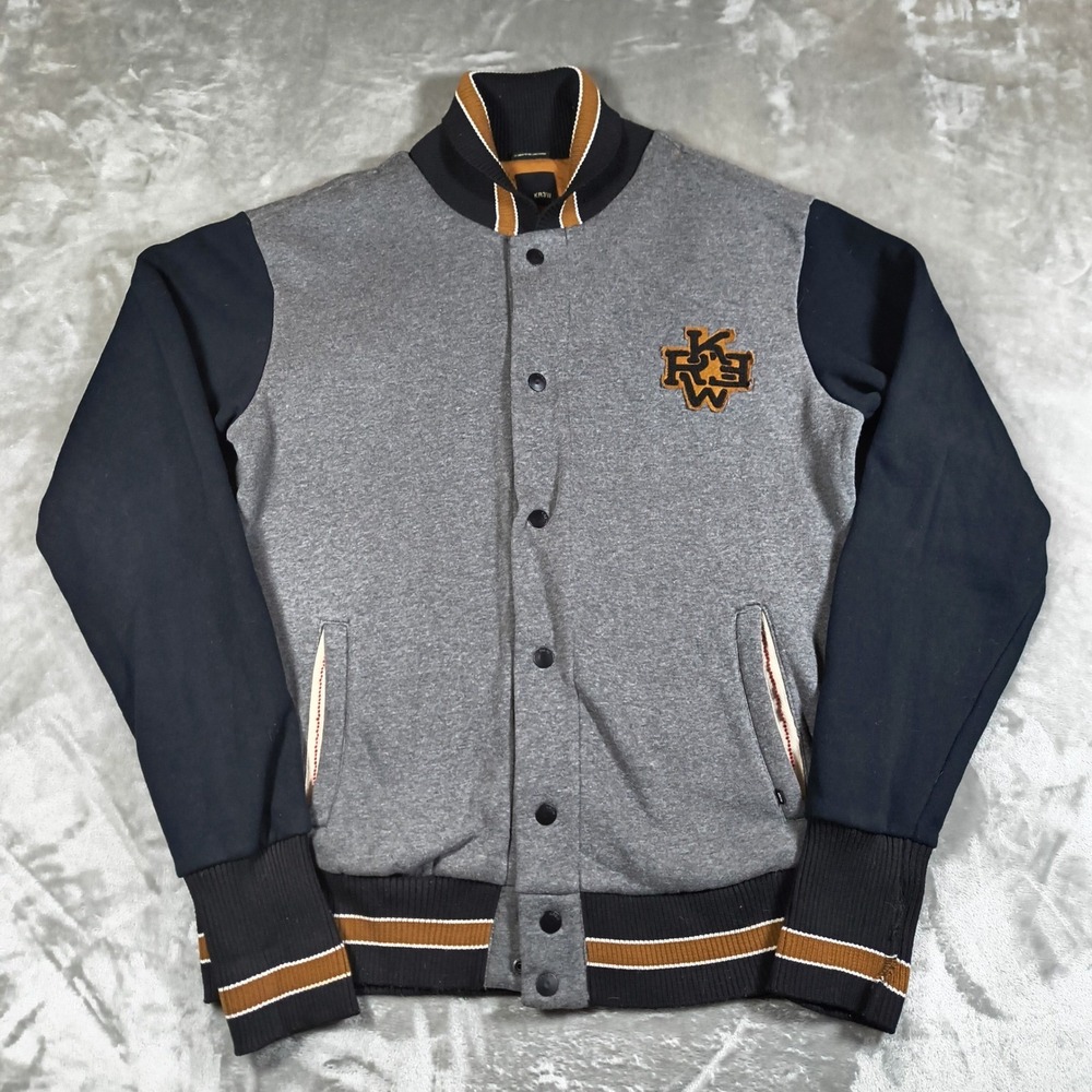 Krew Varsity Bomber Jacket Mens Medium Gray Black Snap Button Patch Logo Skater